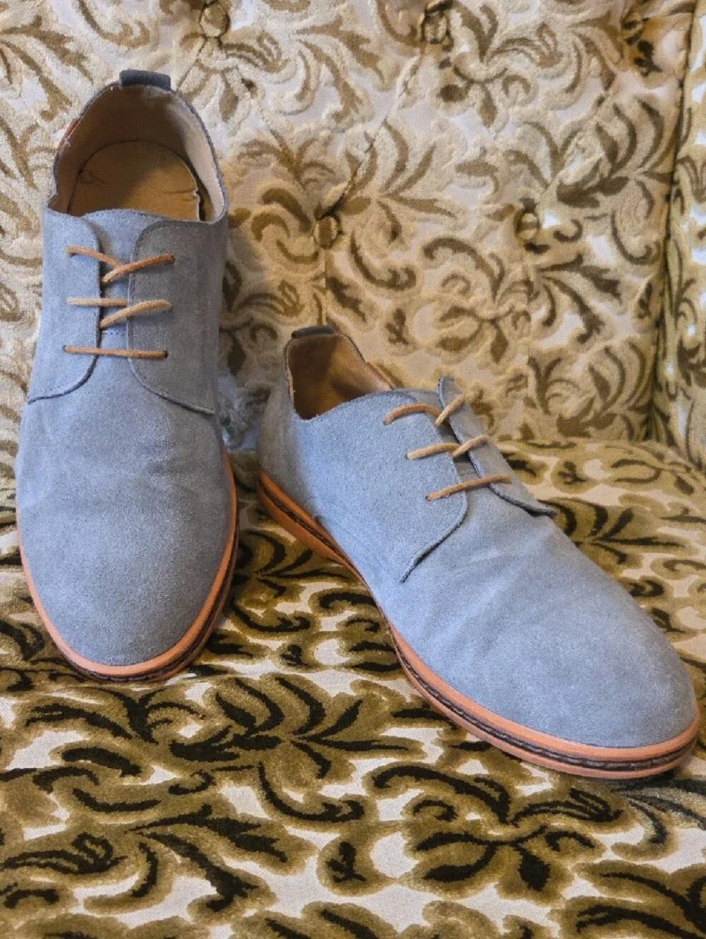 Hand-Stitched Suade Derby Shoes, Light Gray/Blue